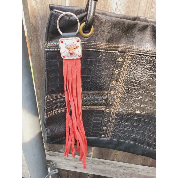 Handmade cow lover boho Leather Fringe Western bag charm, Long fringe keychain - Picture 2 of 4